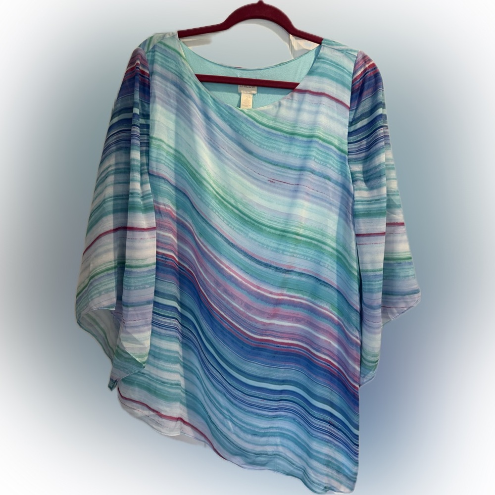 Chico’s Blue Tropical Artsy Beach Blouse Shirt Top size 2